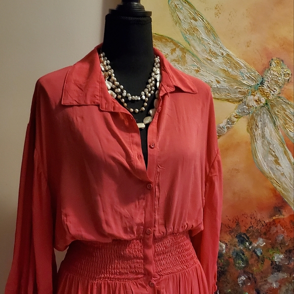 NWT DEX SMOCKED WAIST MAXI SUMMER SHIRT-DRESS ( SIZE L ) - Picture 6 of 11